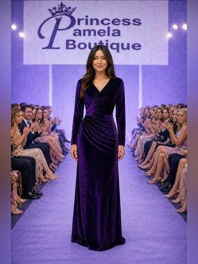 #678 Purple Velvet deep v neckline.  Faux wrap-style maxi dress-